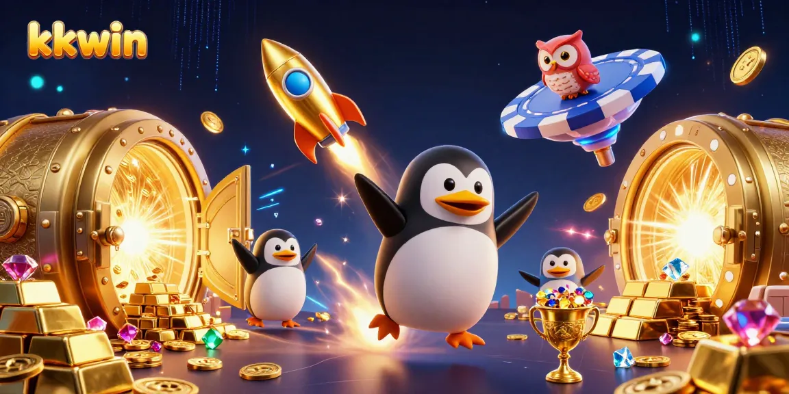 Experience thrilling kkwin adventures with a golden penguin chasing riches in a casino space!
