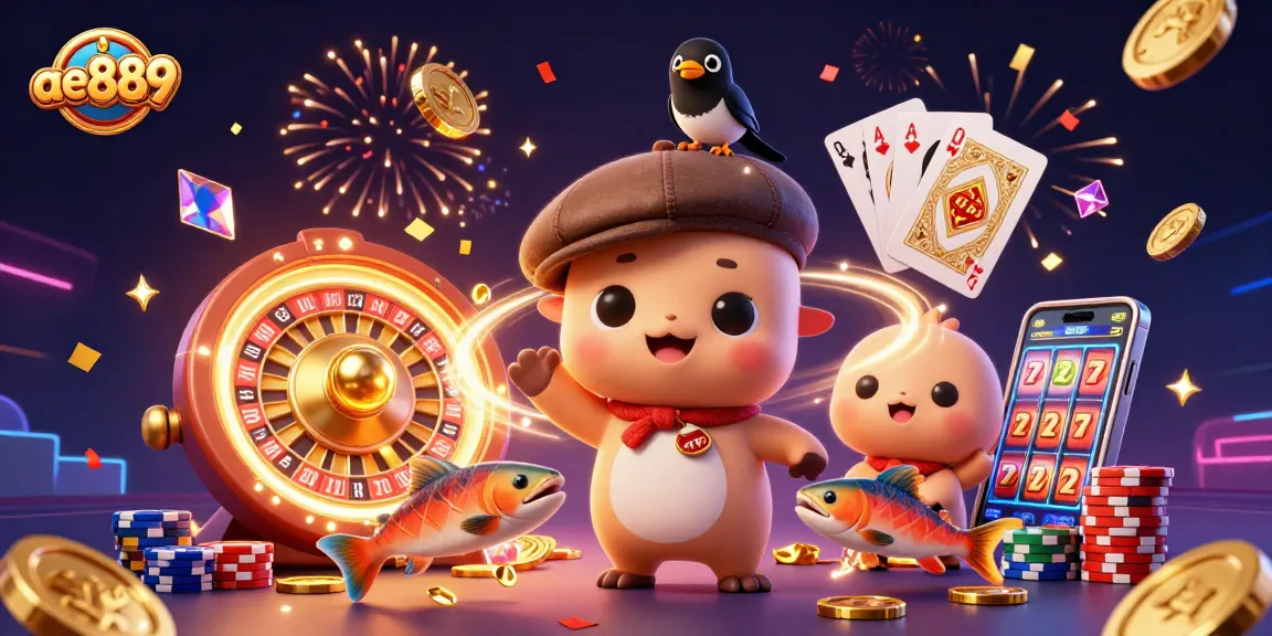 Experience thrilling wins at ae889 with 3D cartoon Nessie and gold magpie in a vibrant casino scene.