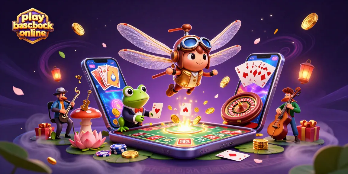 Play blackjack online with a dynamic scene featuring a dragonfly pilot and frog croupier amidst vibrant game elements.