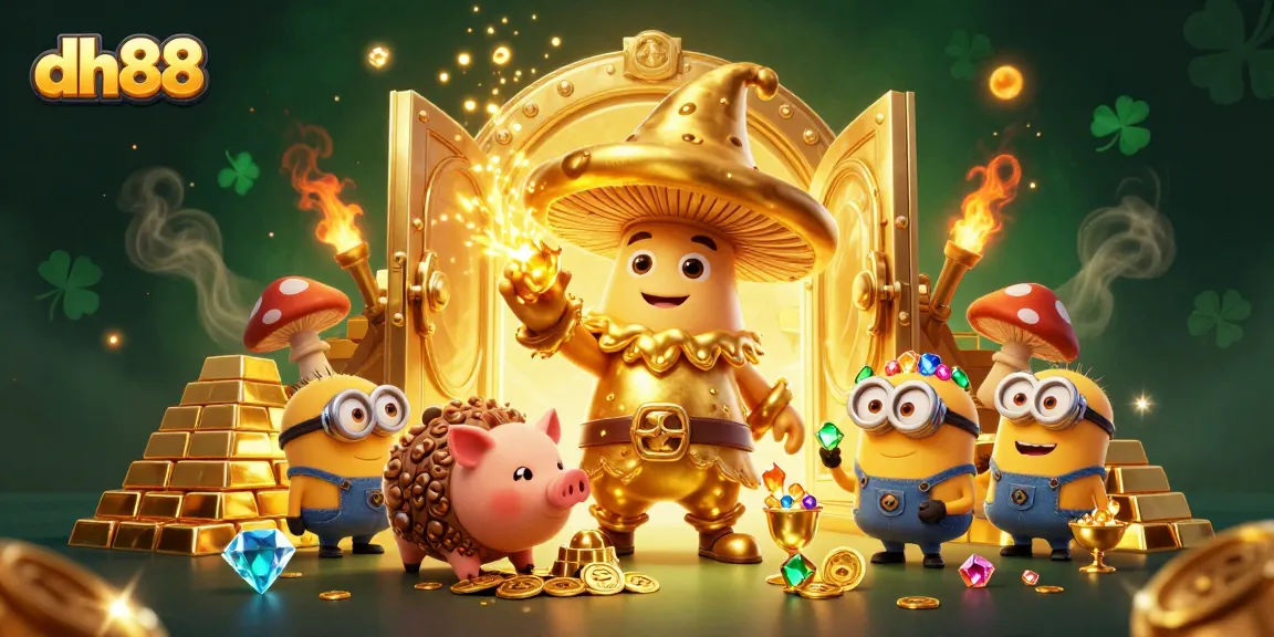 Experience dh88's immersive casino adventure with a magical golden mushroom wizard and treasure-filled scene.